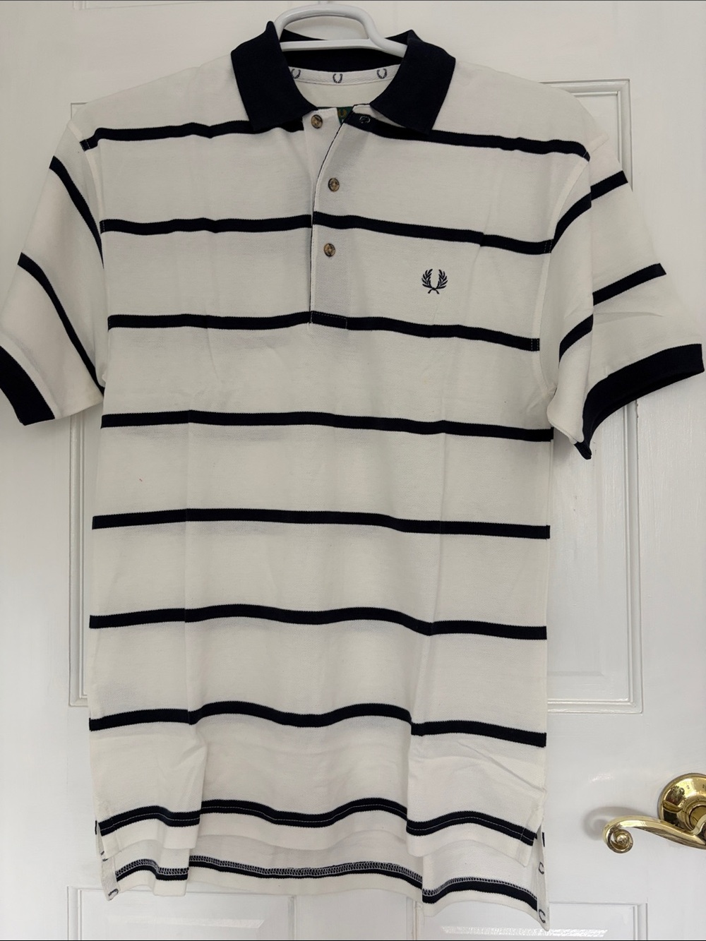 Vintage Fred Perry White Polo with Navy Stripes and Collar